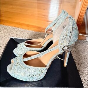 Embellished Light Blue Peep-Toe High Heels - Women